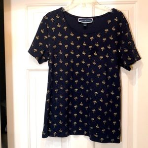 Navy Blue Tee Shirt with Gold, shimmery Palm Trees